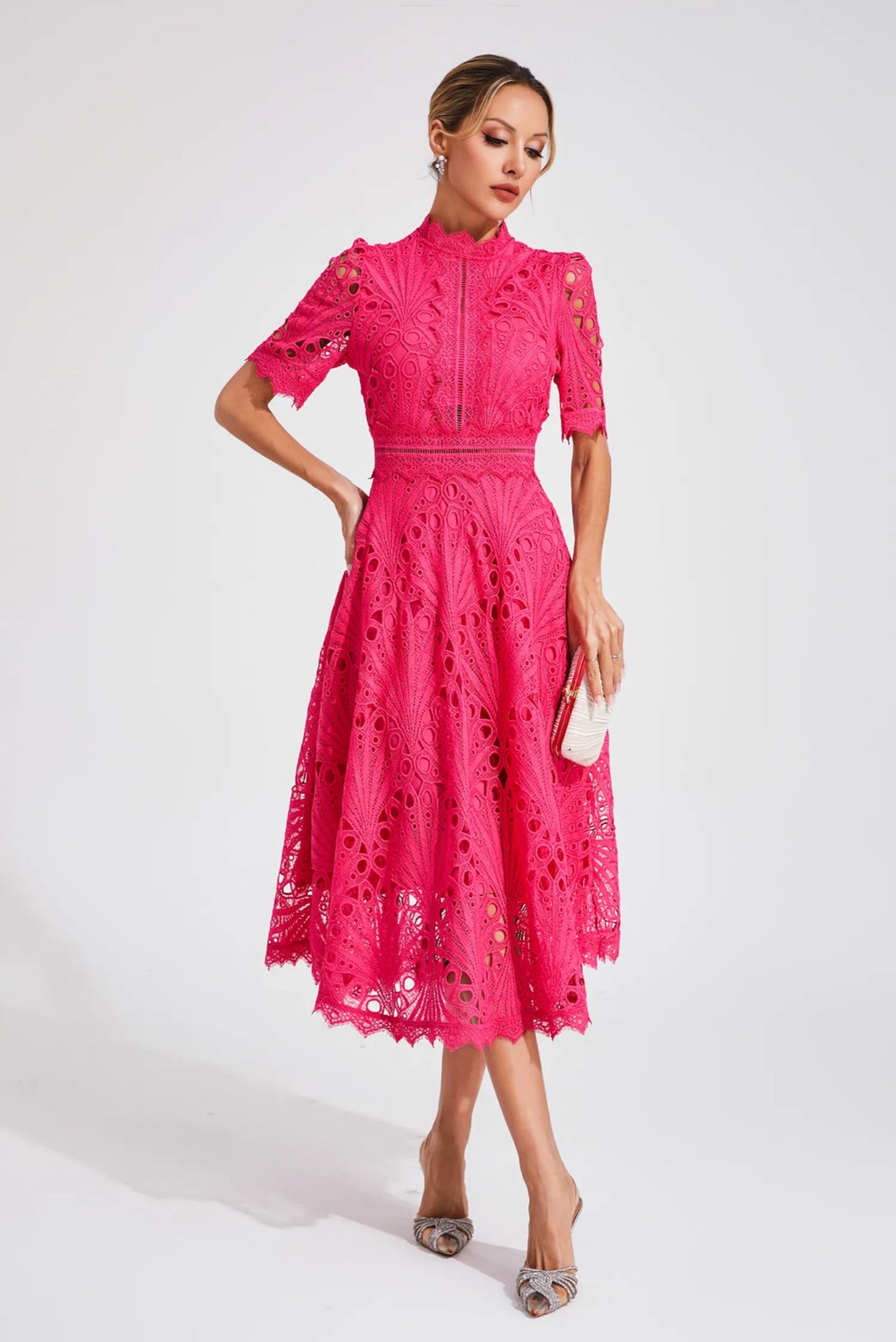 Cutout lace pink midi dress