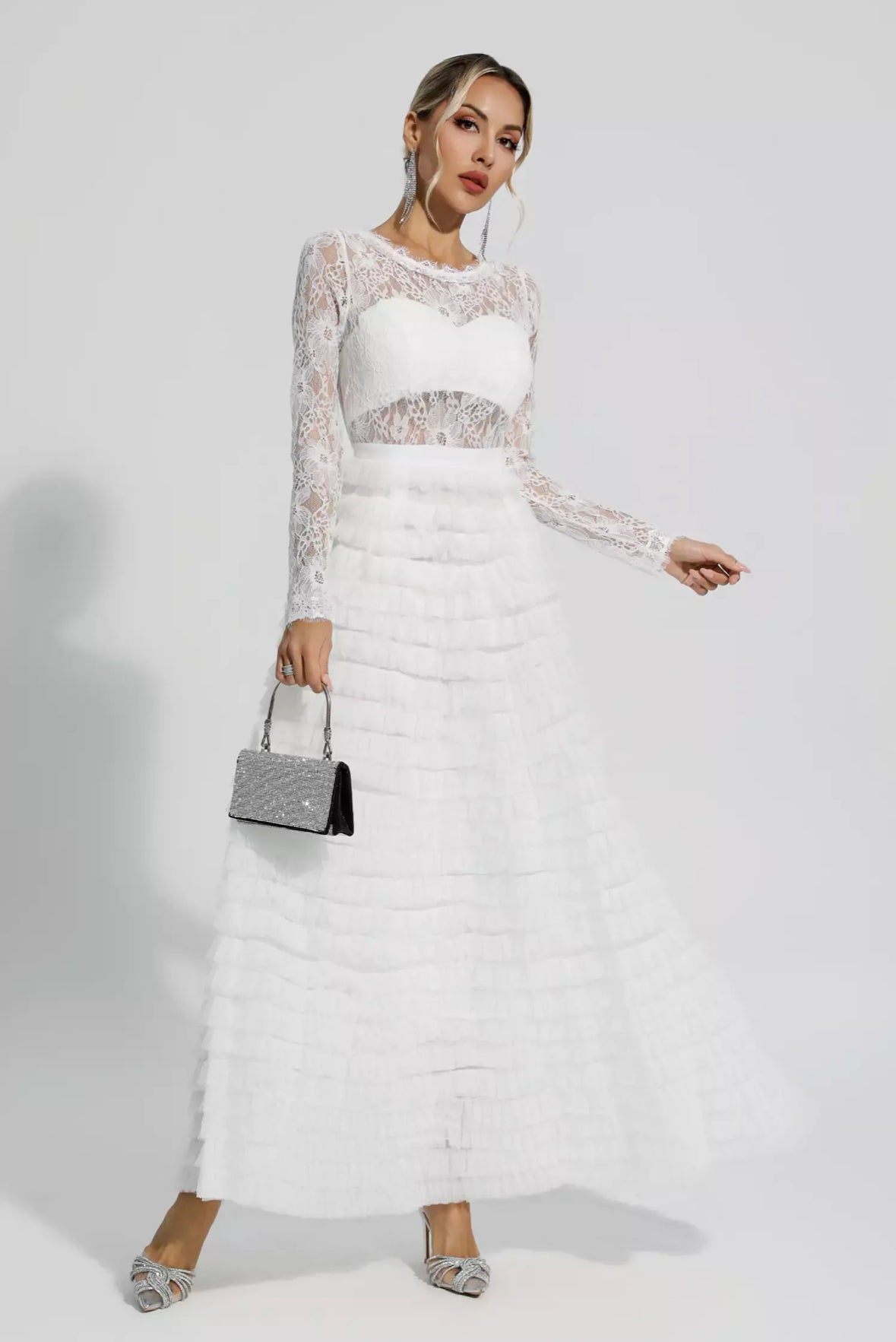 Lace white tulle maxi dress