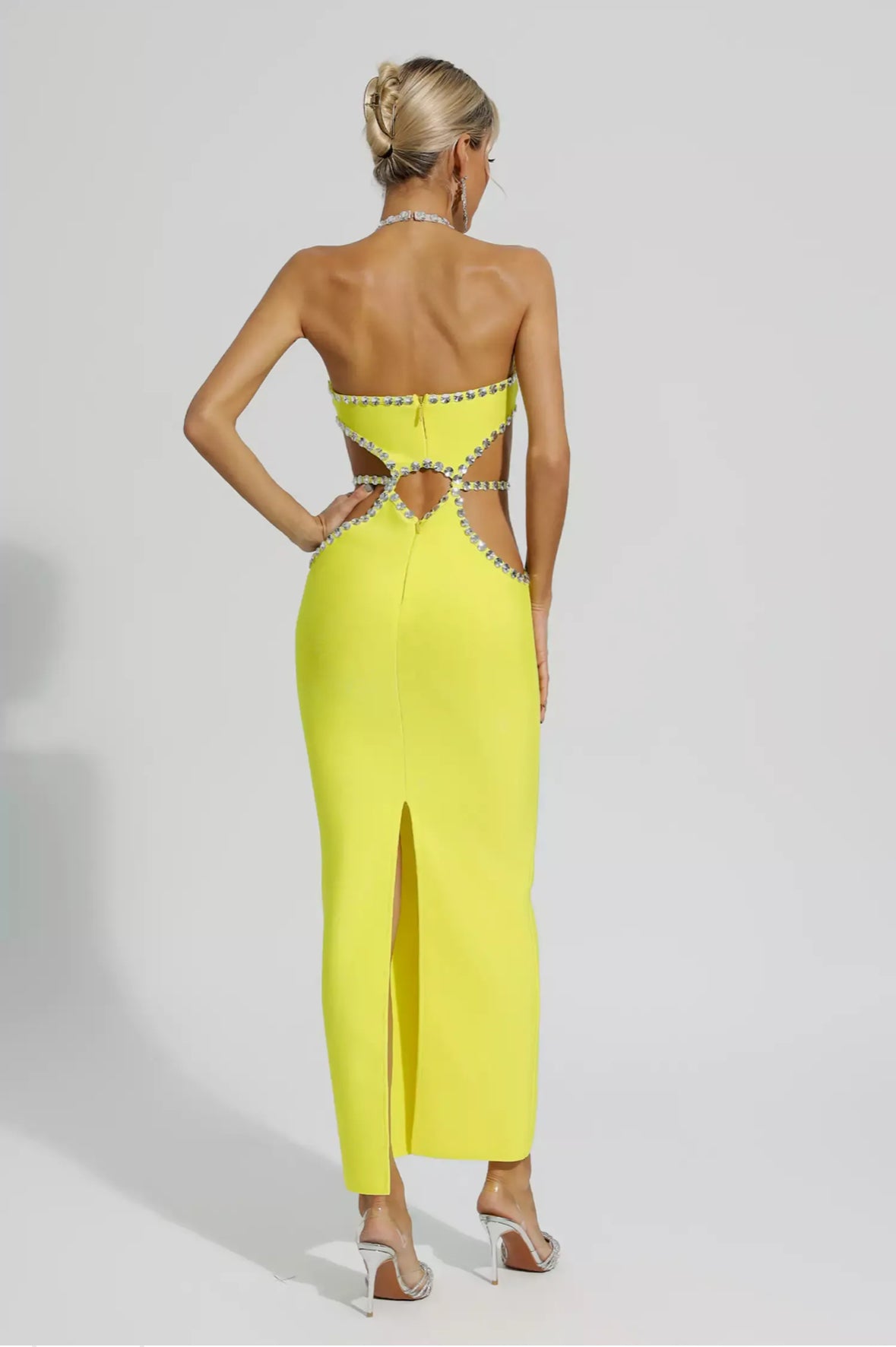 Yellow cutout rhinestone  maxi dress