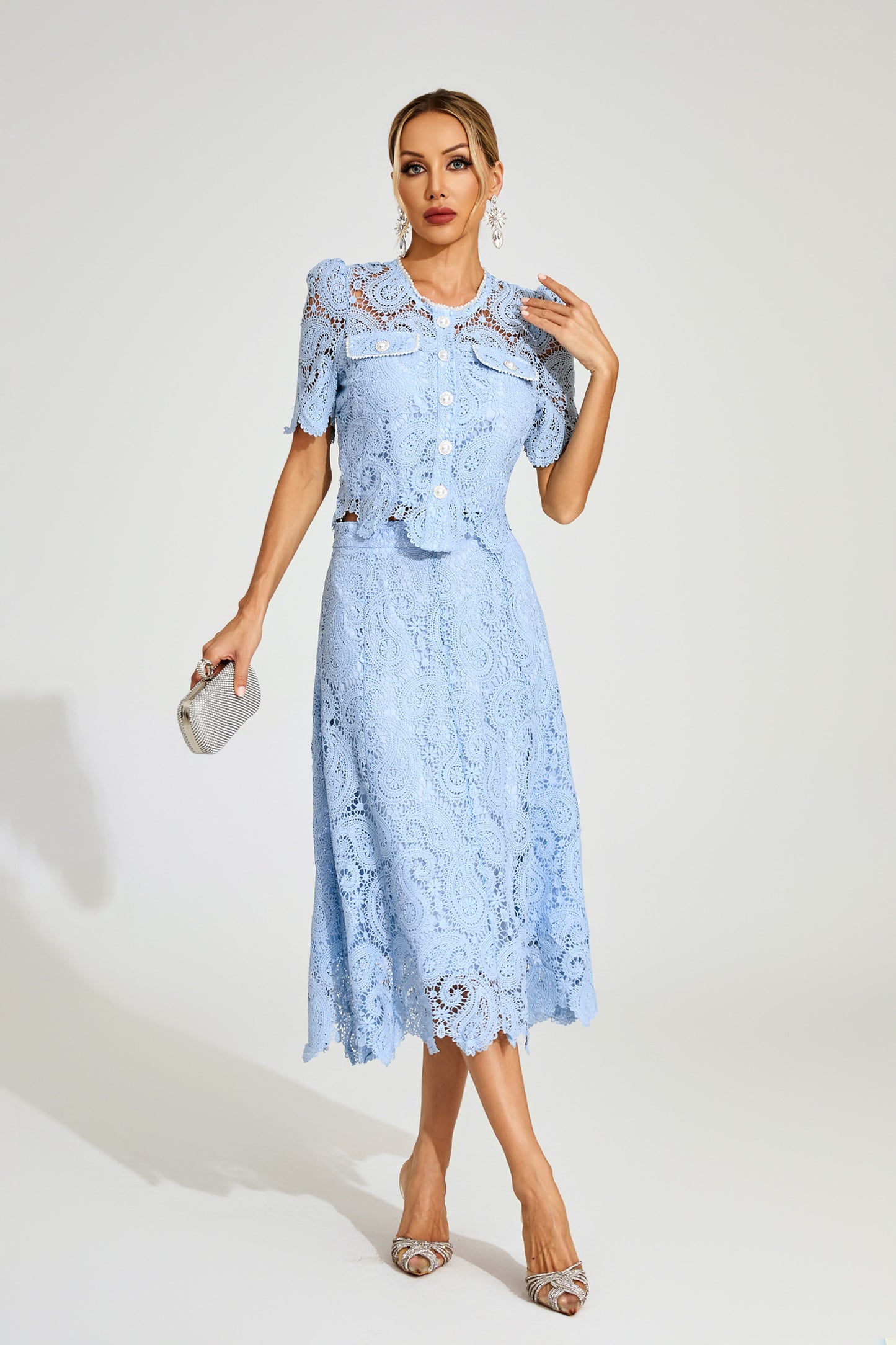Amélie Sky Lace Midi Skirt & Top Set