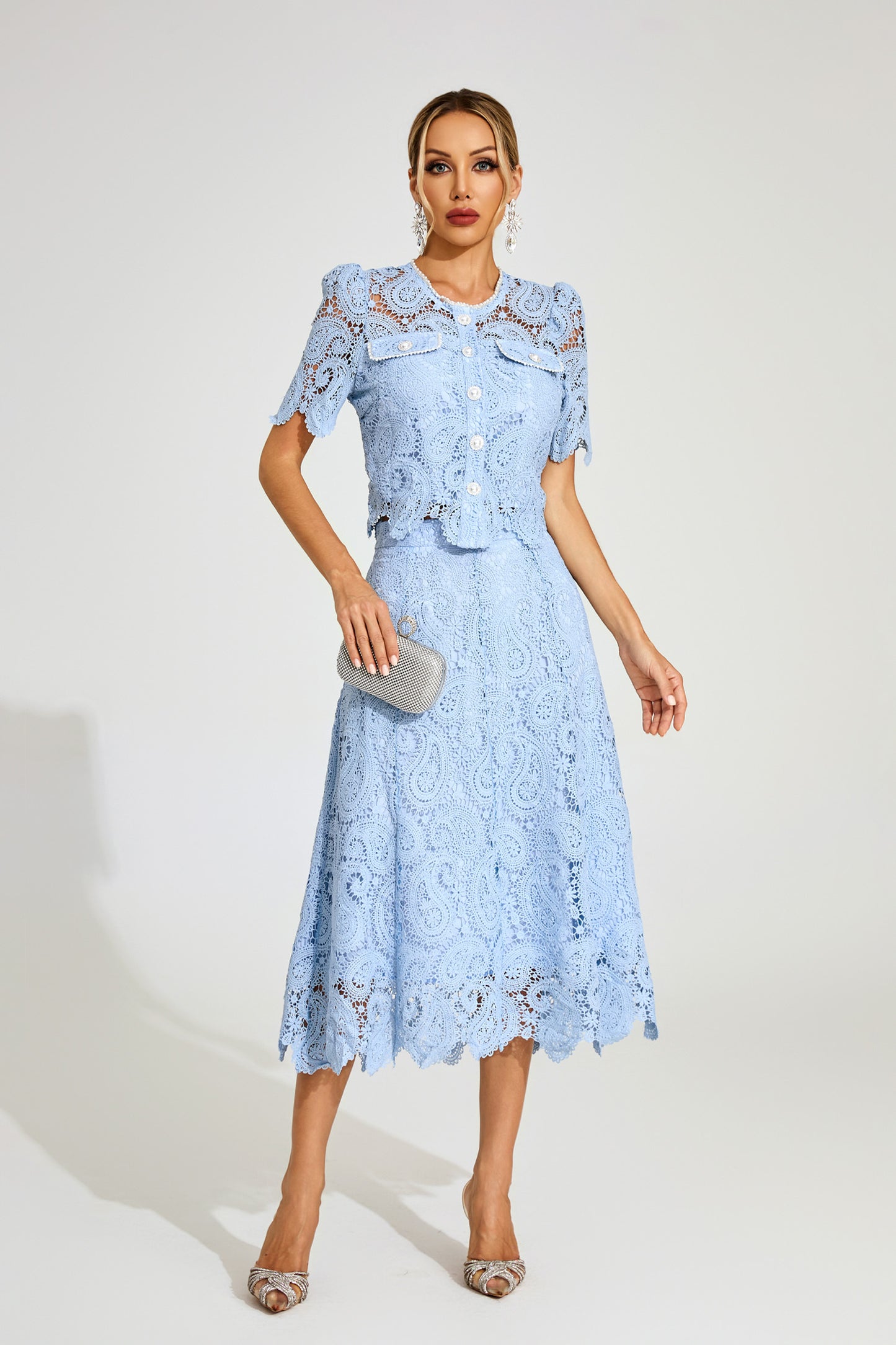 Amélie Sky Lace Midi Skirt & Top Set