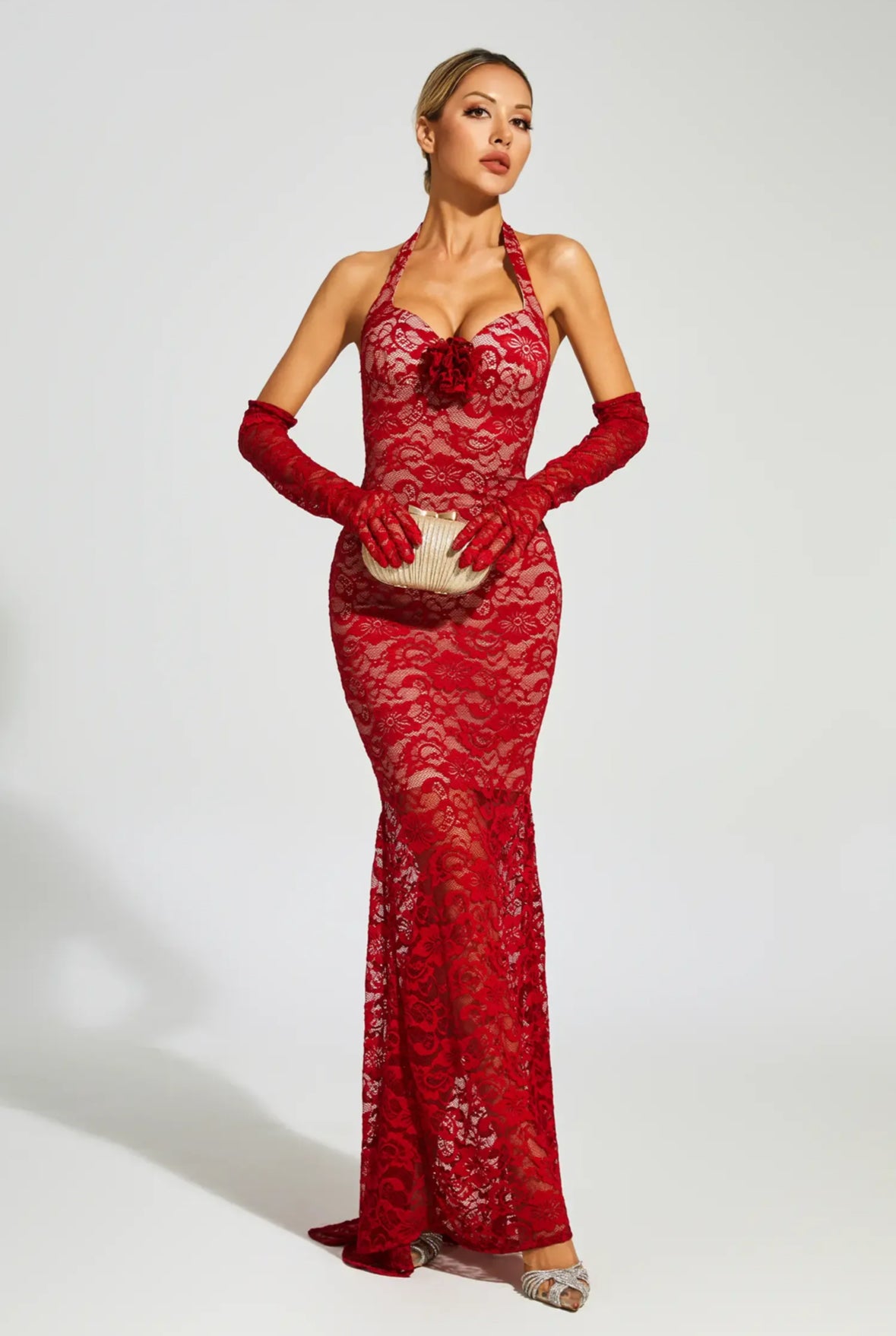 Red lace flower maxi dress