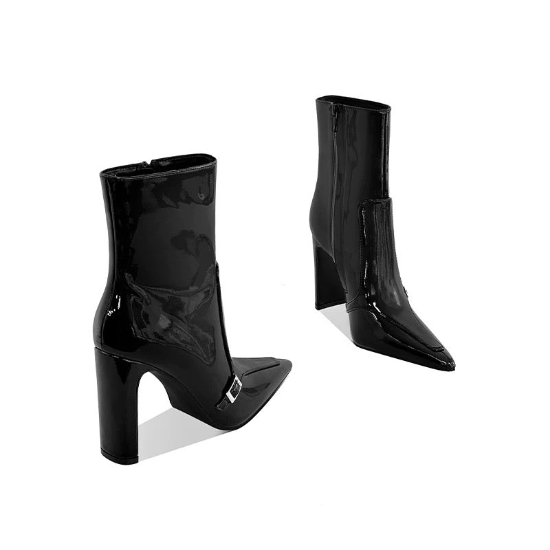 Vega Patent Buckle Boots – Glossy Block Heel