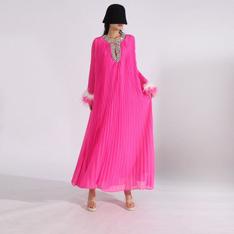 Crystal & feathers embellished pink maxi dress