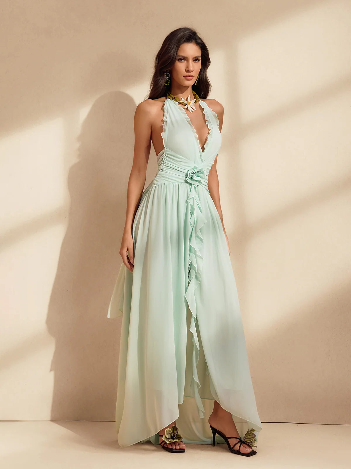 Riva Halter Ruffle Slit Gow