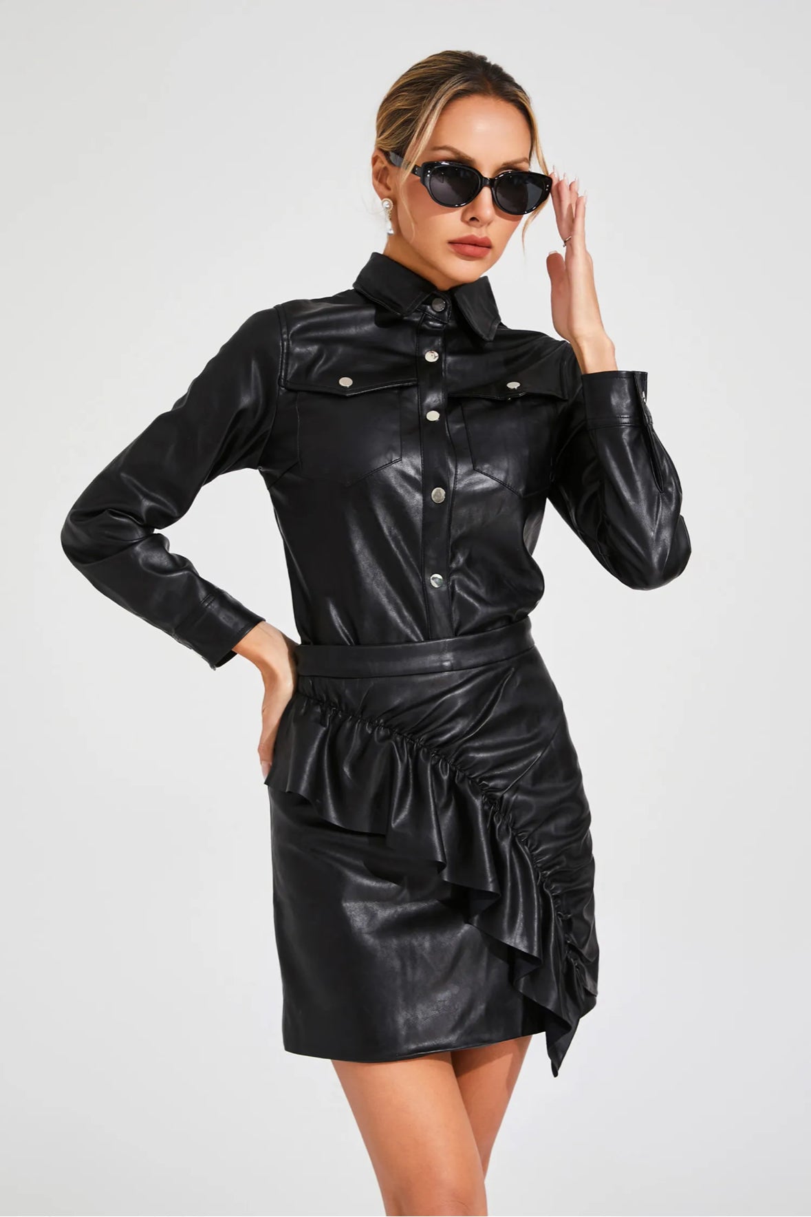 Black leather shirt & skirt set