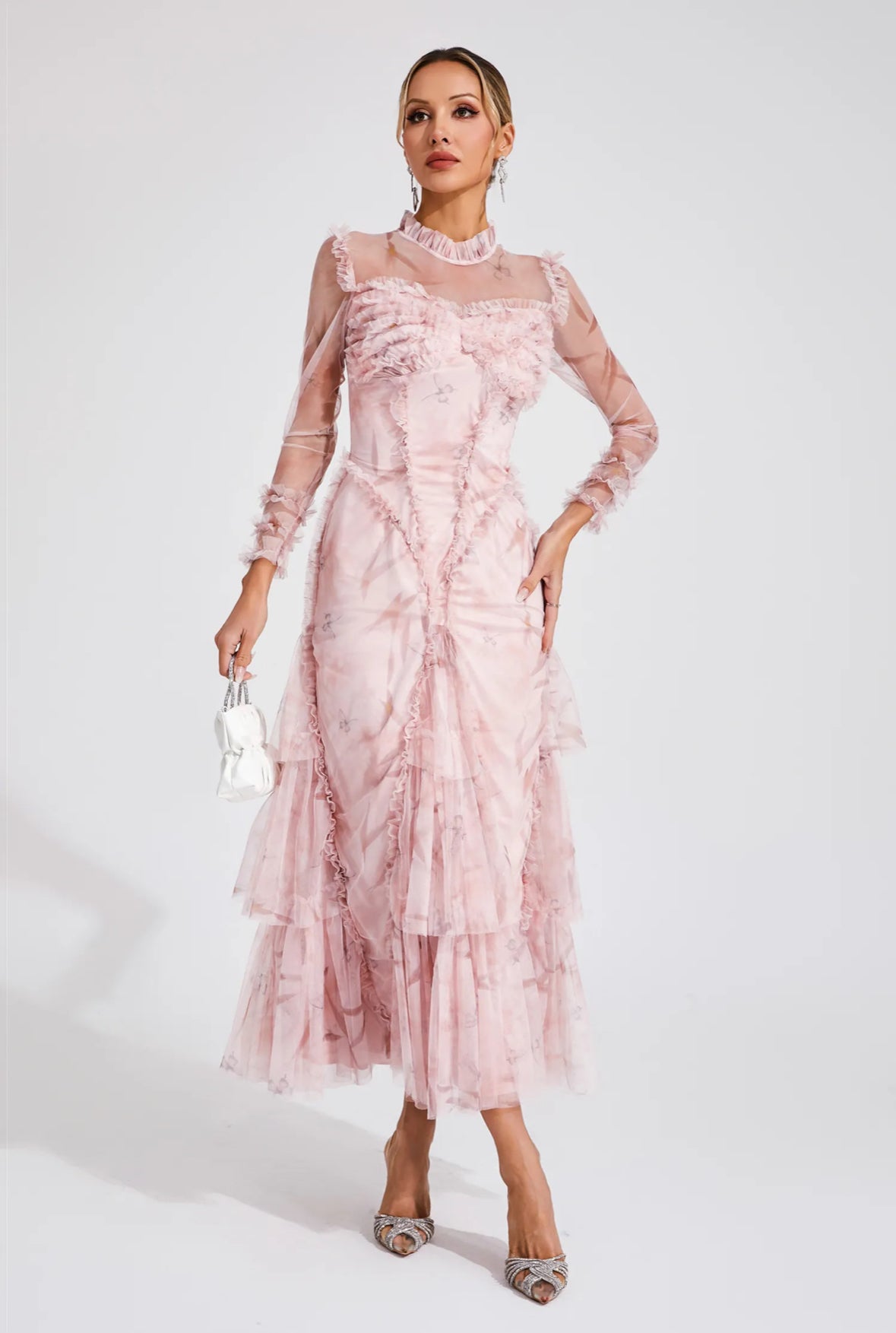 Pink mesh ruched maxi dress