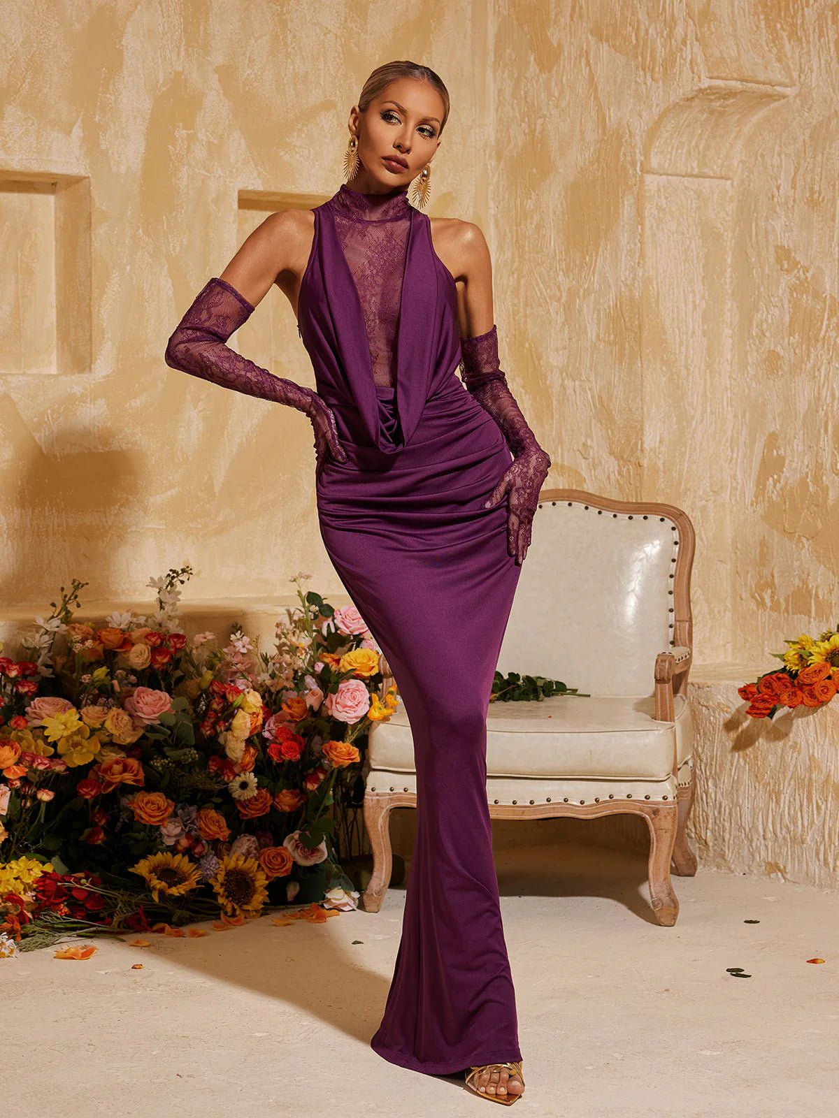 Viola Lace-Panel Evening Gown