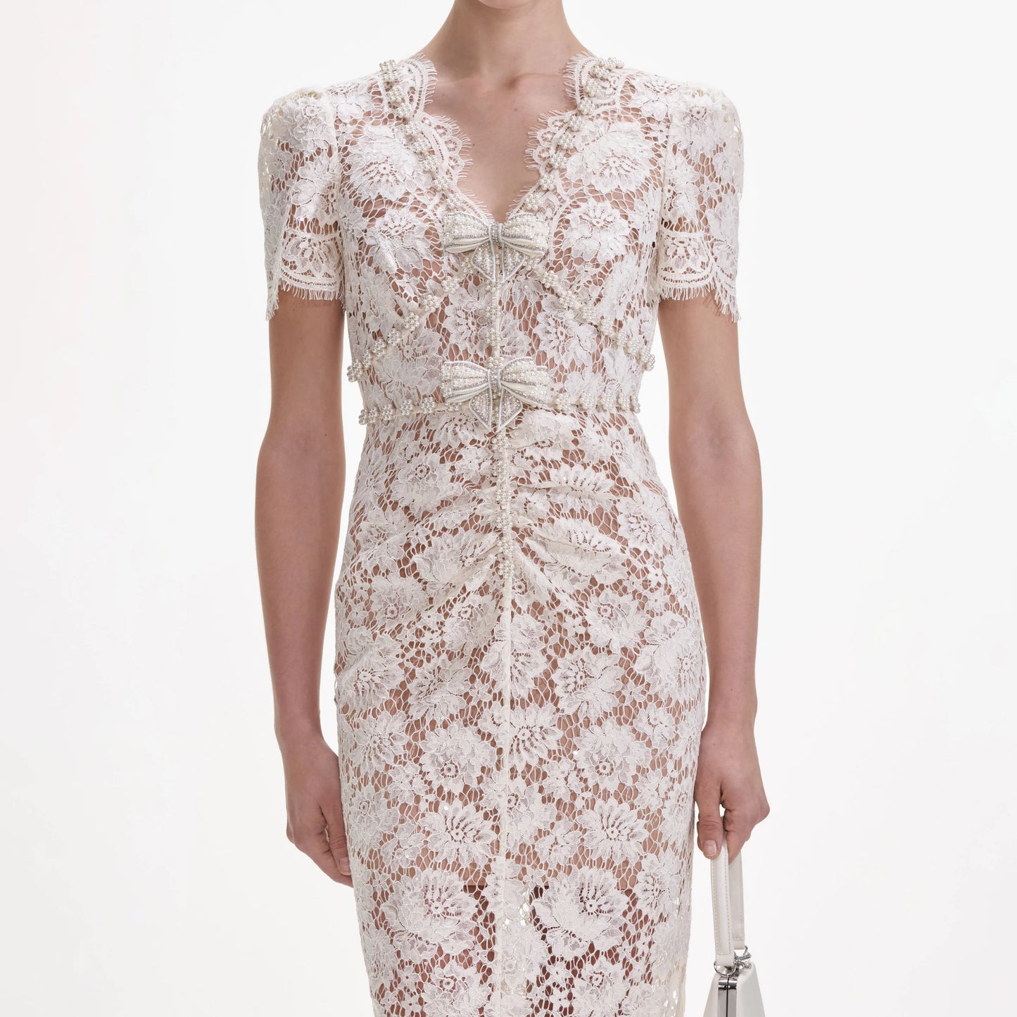 Celeste Ruched Lace Midi Dress