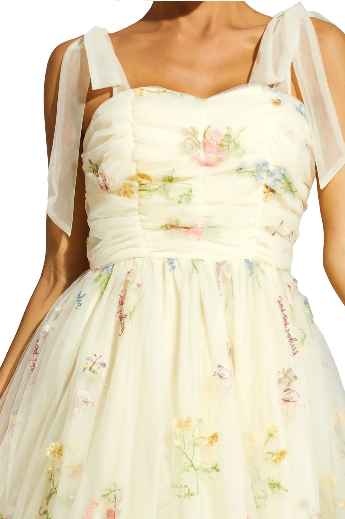 Pale yellow mesh floral midi dress