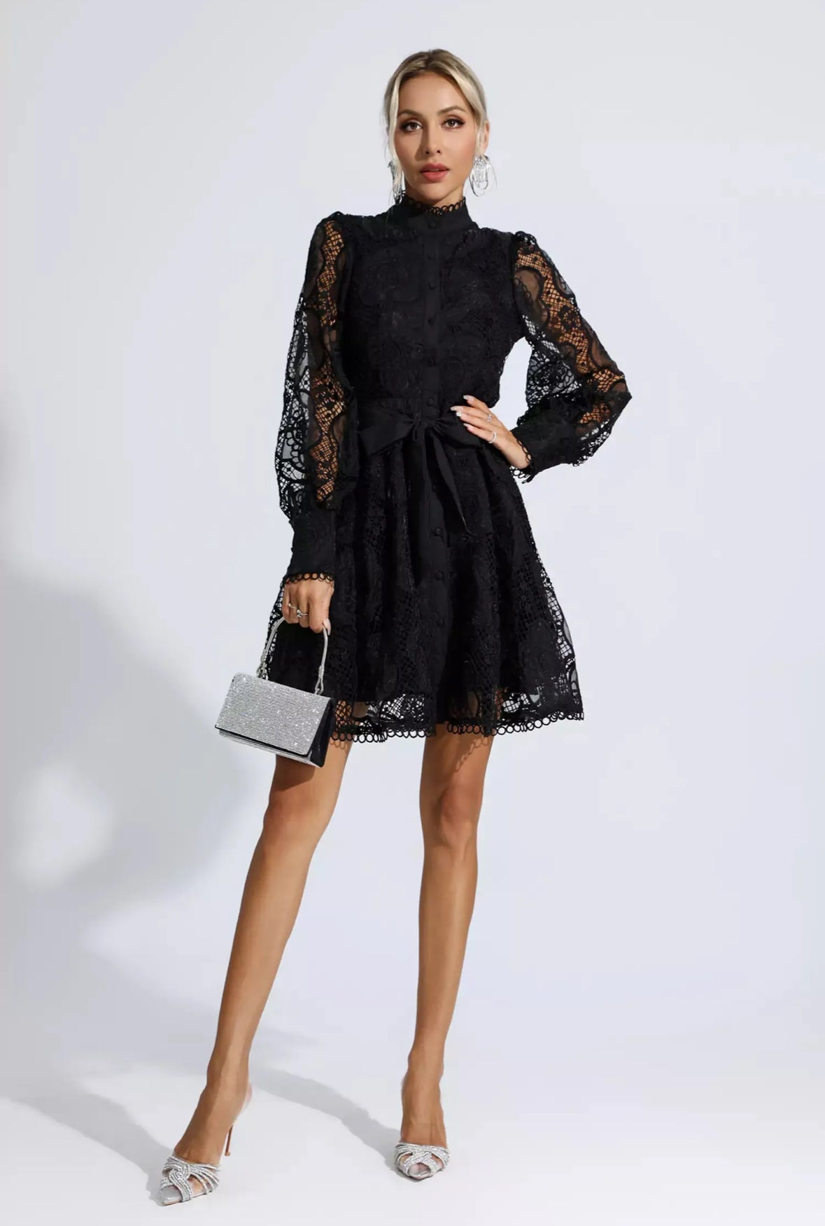 Floral lace tied black  mini dress