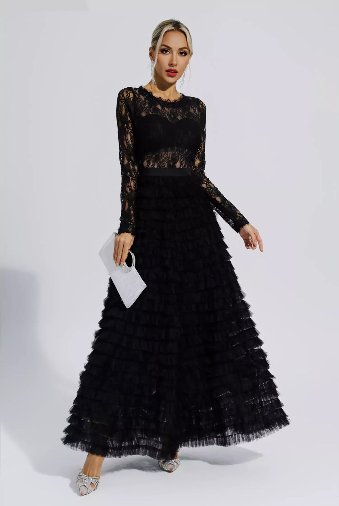 Lace black tulle maxi dress