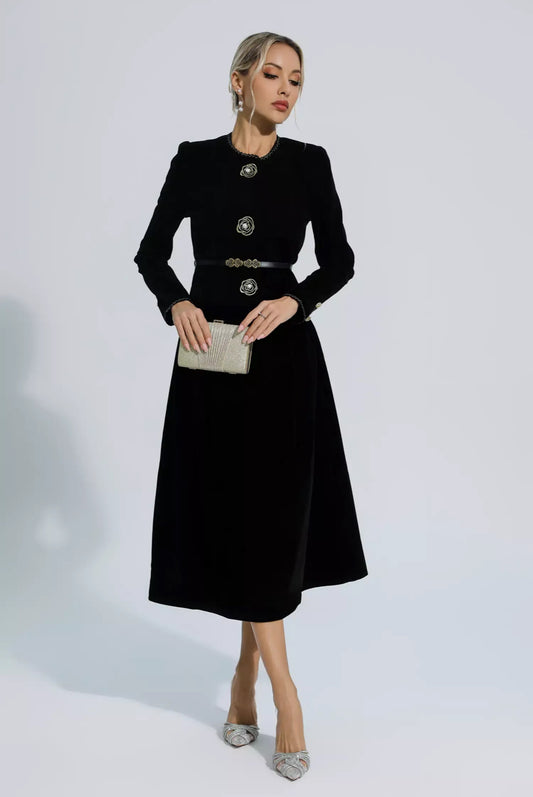 Flower buttons woolen blazer & skirt set