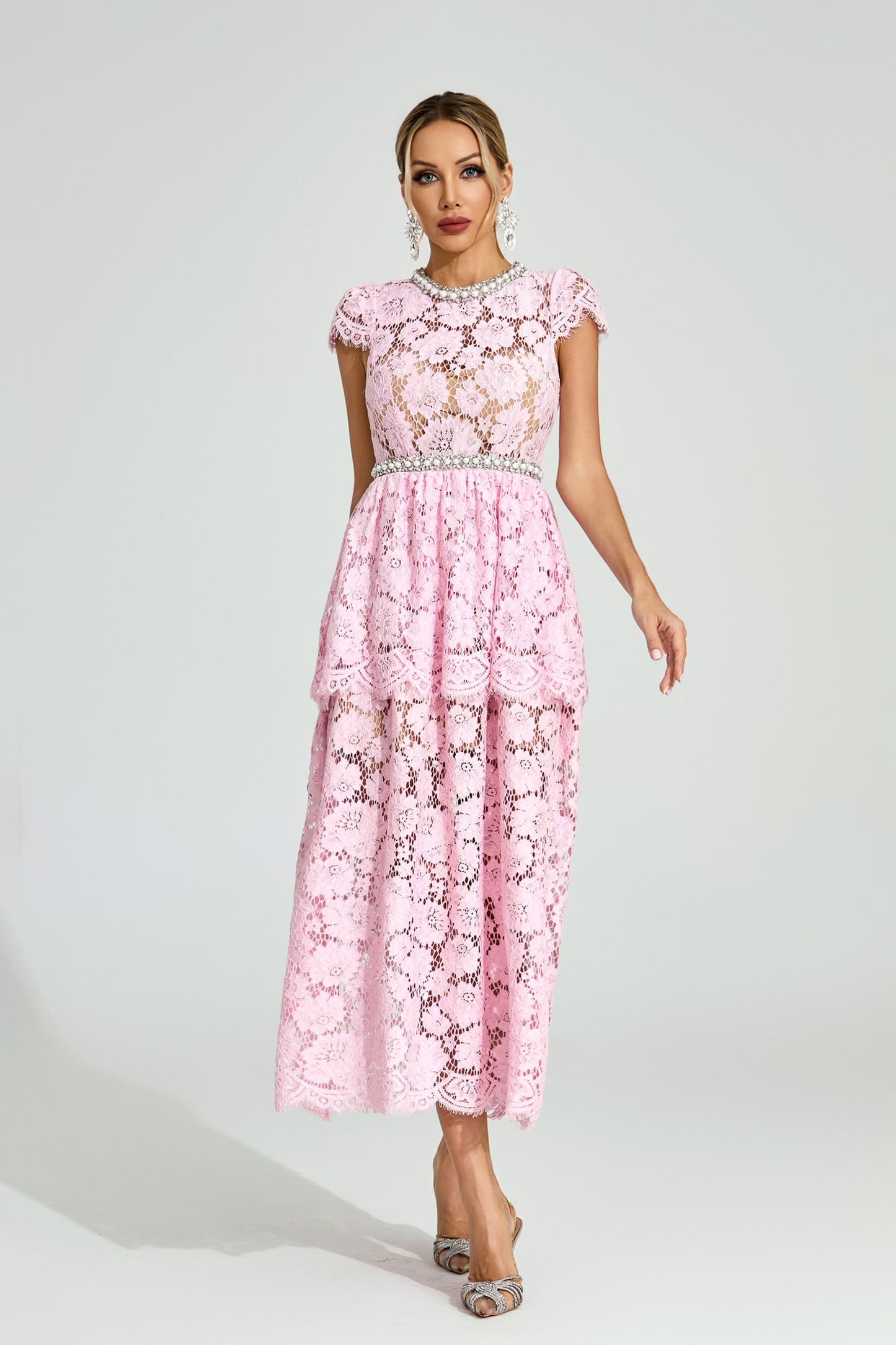 Lila Pink Lace Crystal Trim Midi Dress