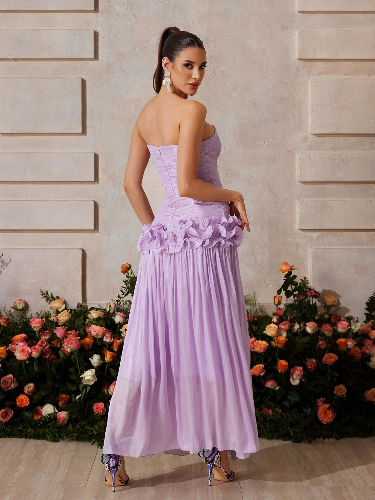 Lila Bloom Ruffle Strapless Gown