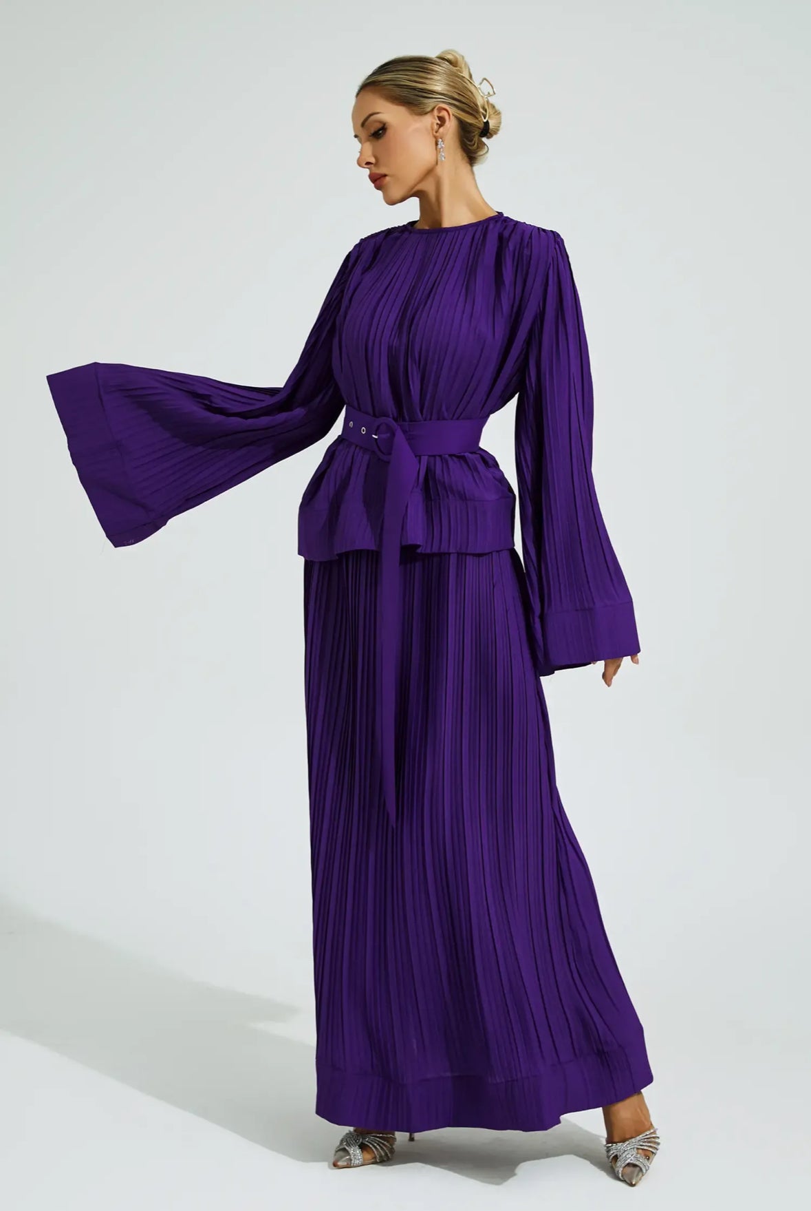 Purple belted flare skirt & top set