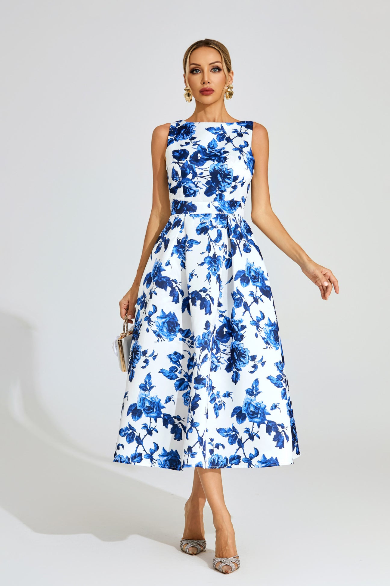 Azure Blossom A-Line Midi Dress