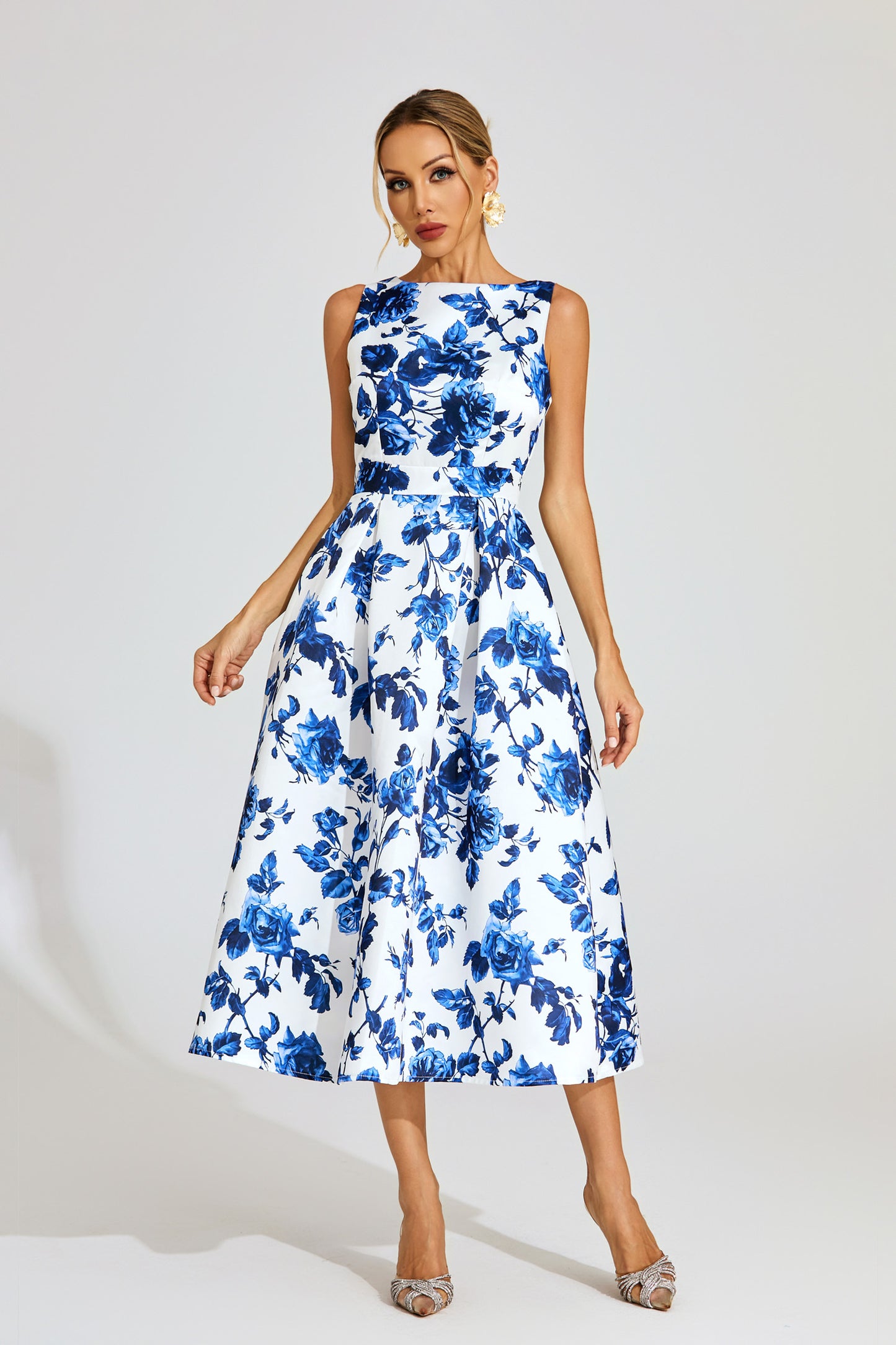 Azure Blossom A-Line Midi Dress