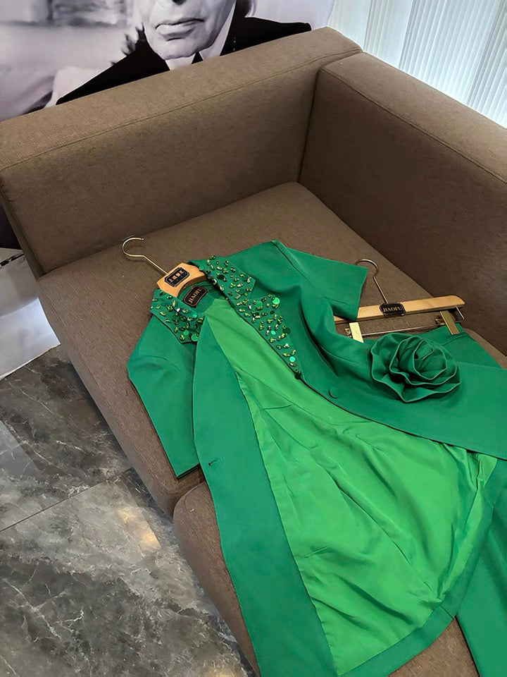 Camélia Flower Blazer Green Suit Set