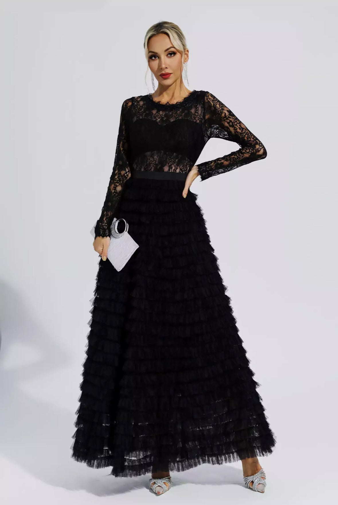 Lace black tulle maxi dress