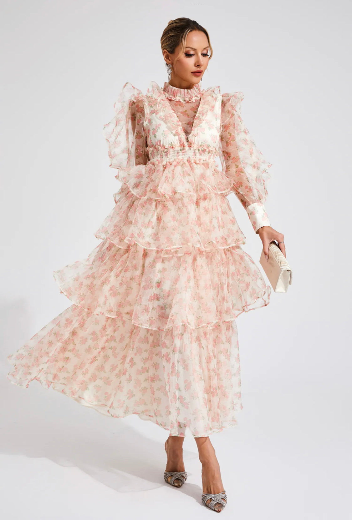 Floral mesh pink midi dress