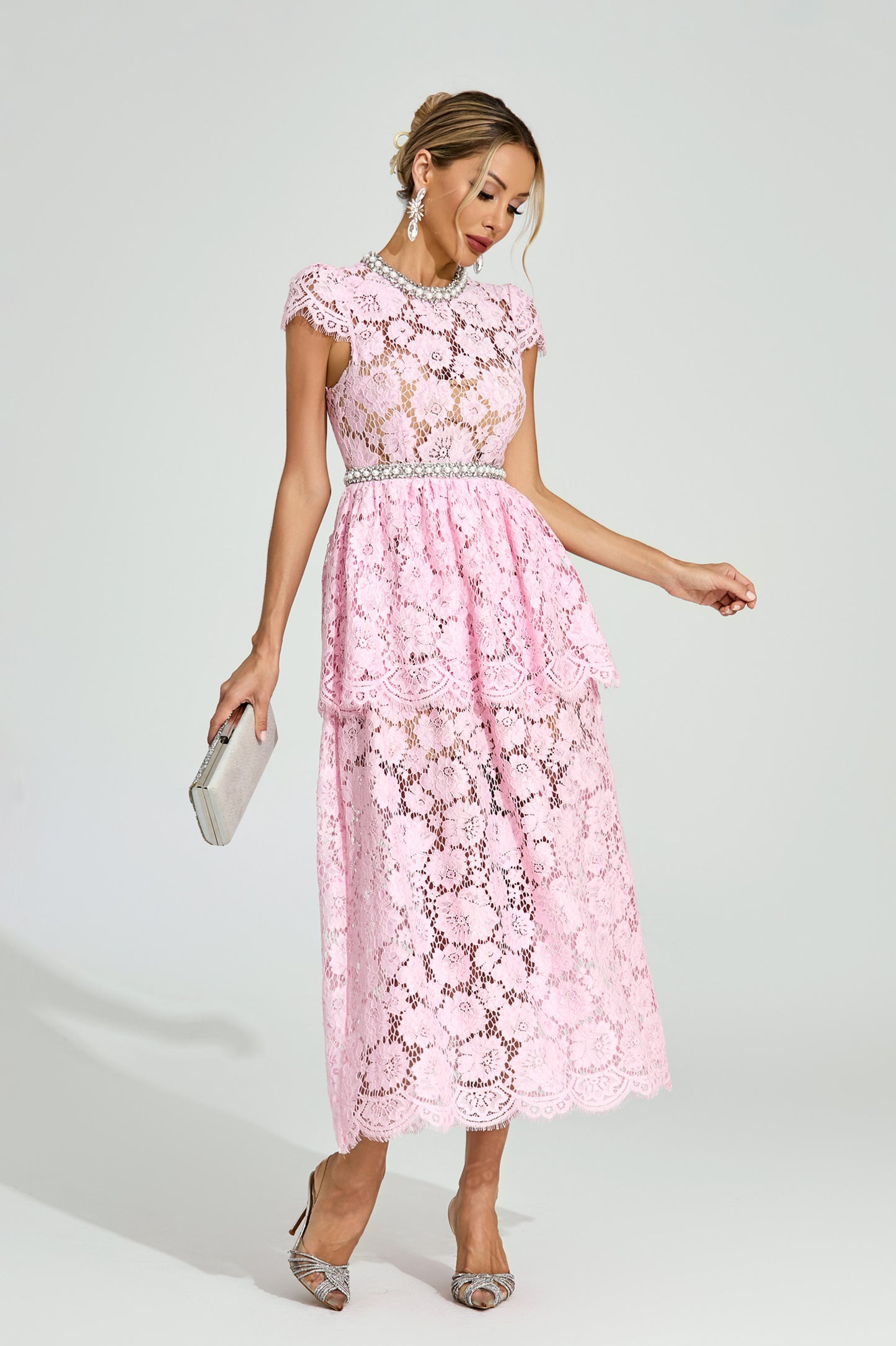 Lila Pink Lace Crystal Trim Midi Dress