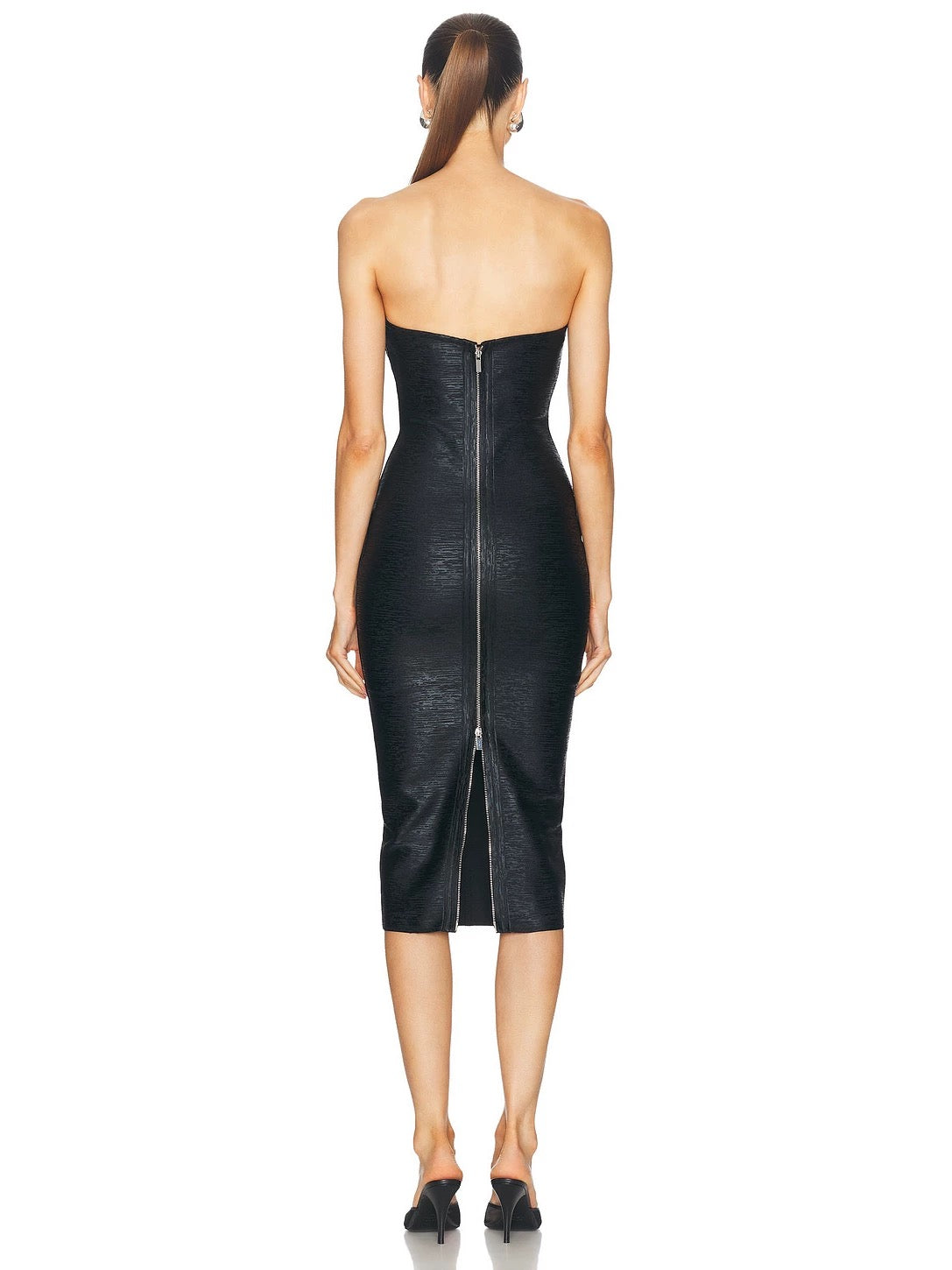 Black faux leather midi dress