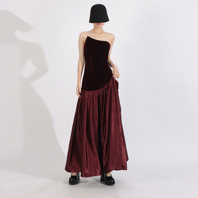 Red velvet satin maxi dress