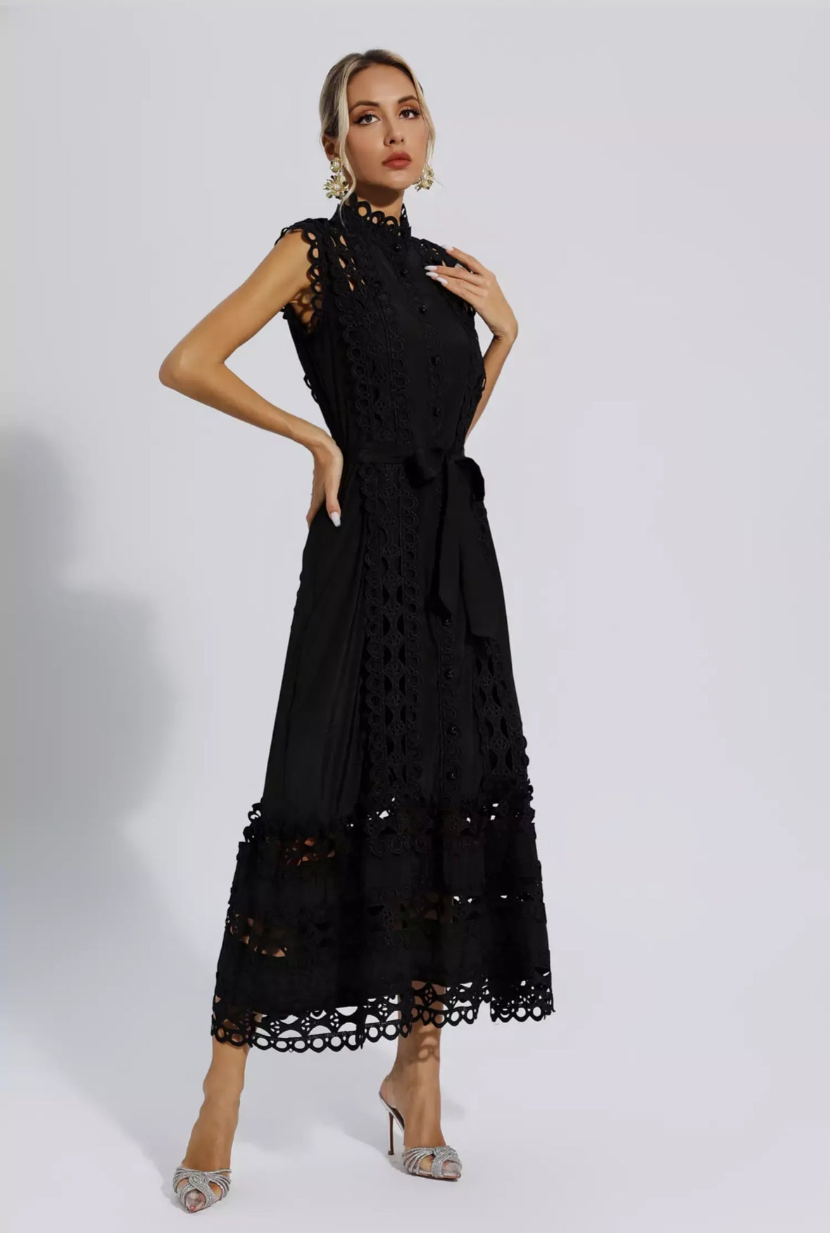 White hollow lace maxi dress