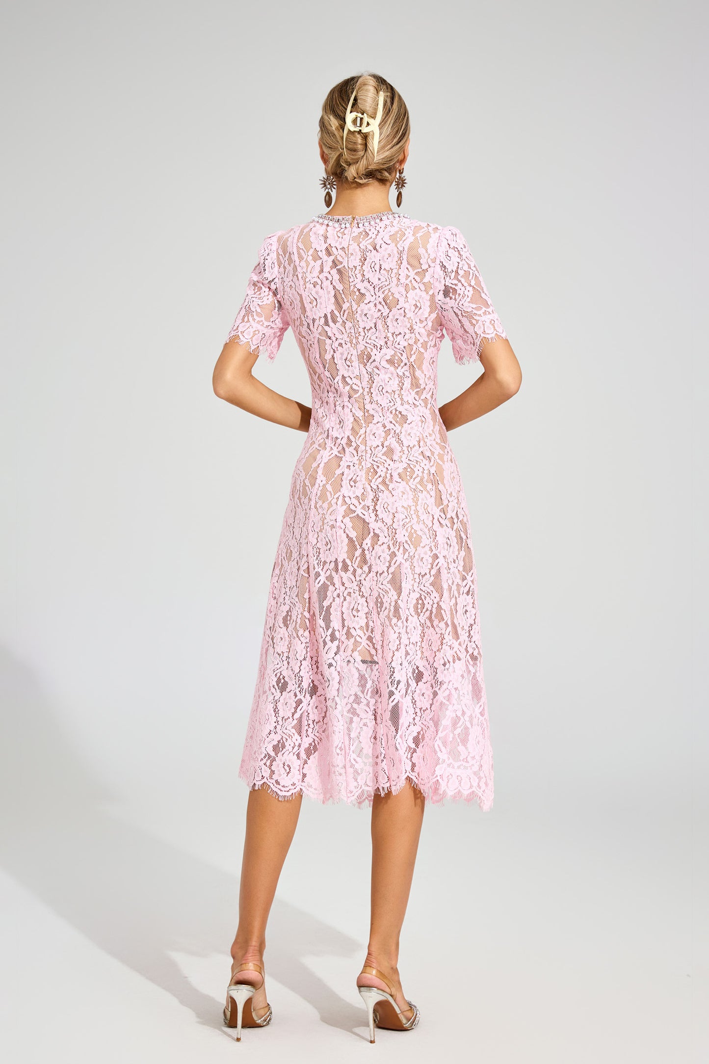 Jolie Sheer Pink Lace Midi Dress