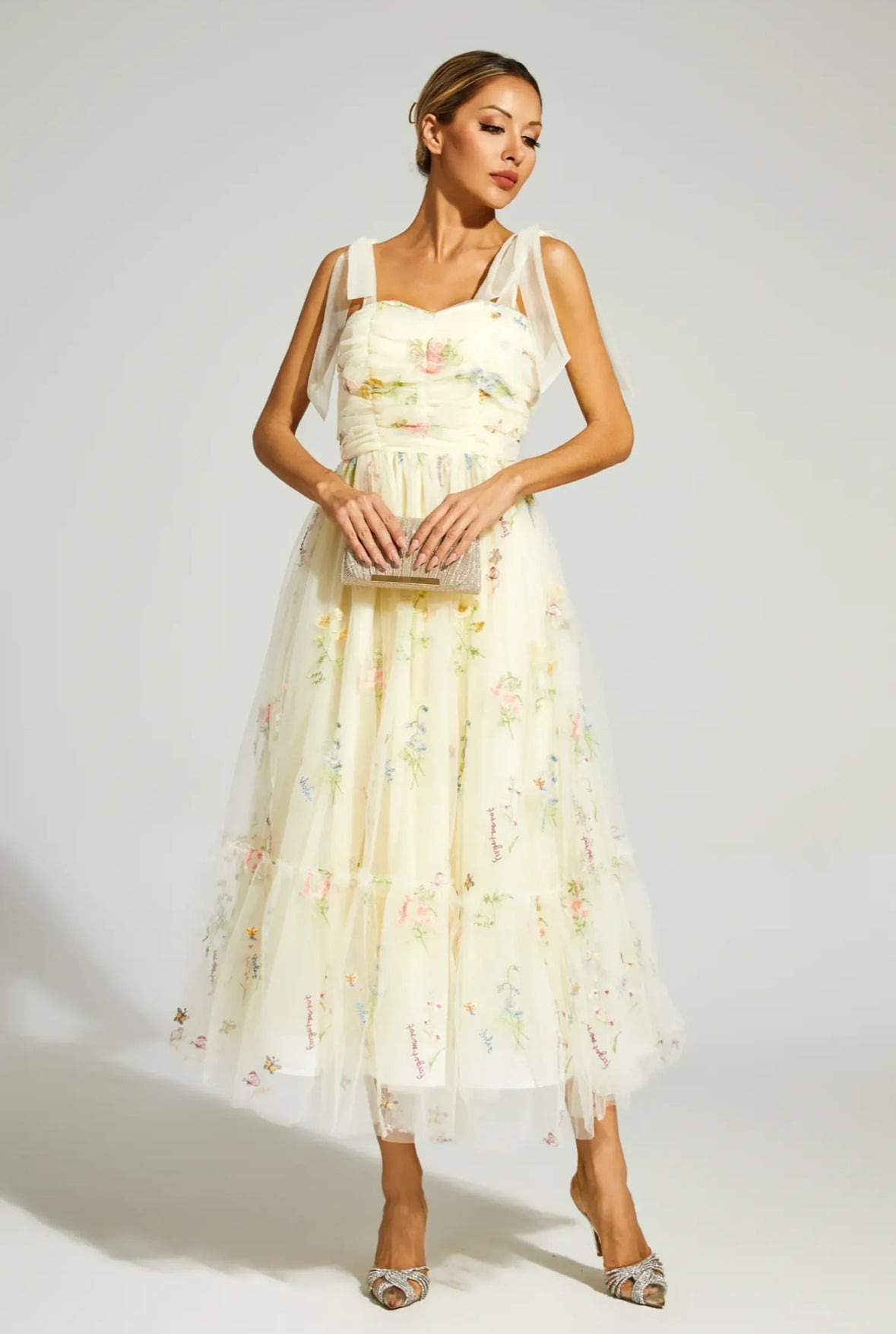 Pale yellow mesh floral midi dress