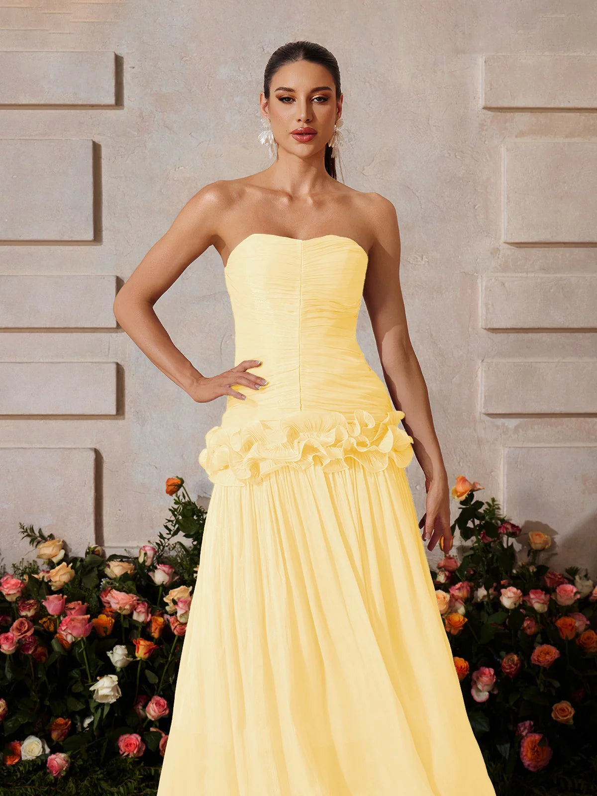 Lila Bloom Ruffle Strapless Gown