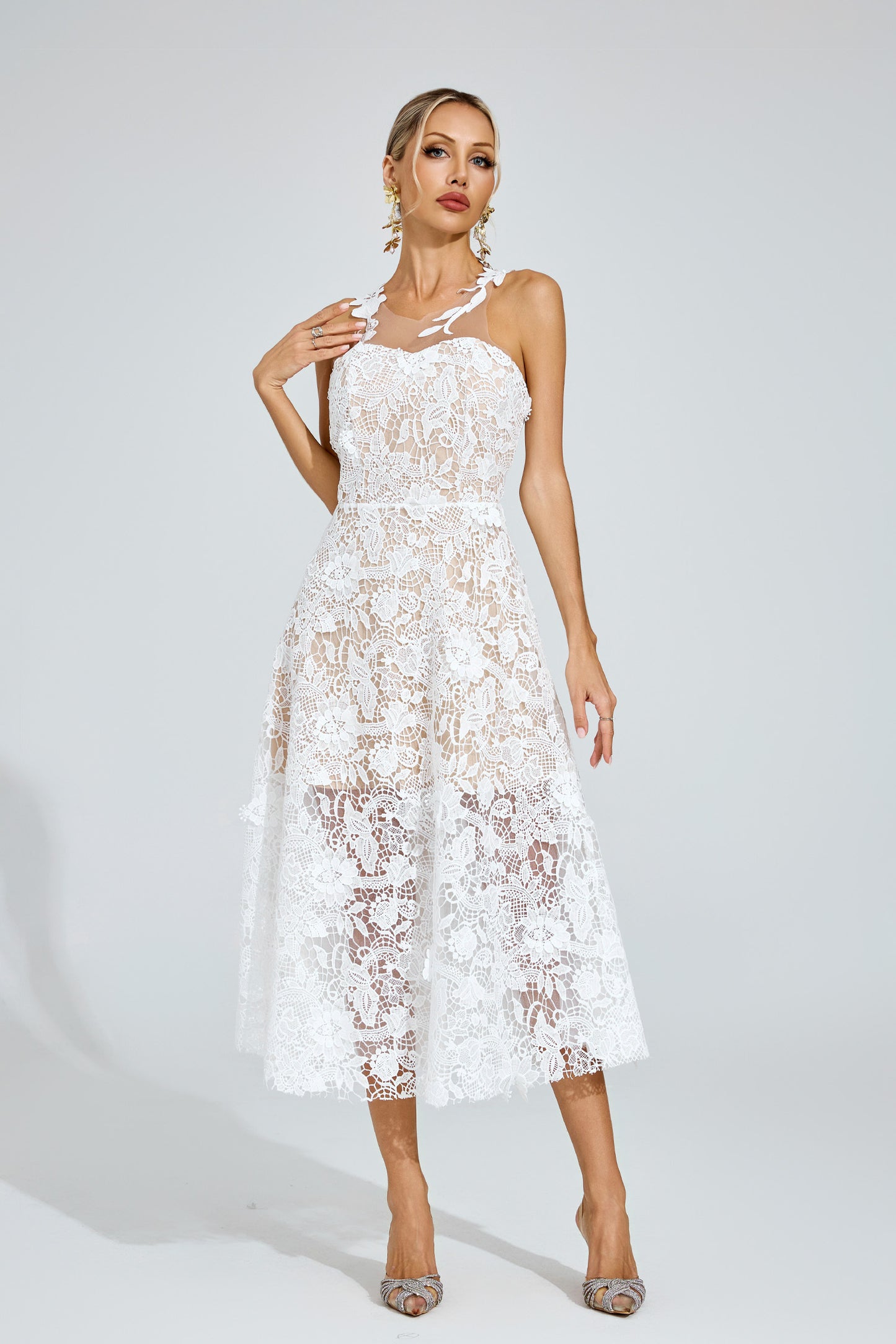 Amélie White Floral Lace Midi Dress