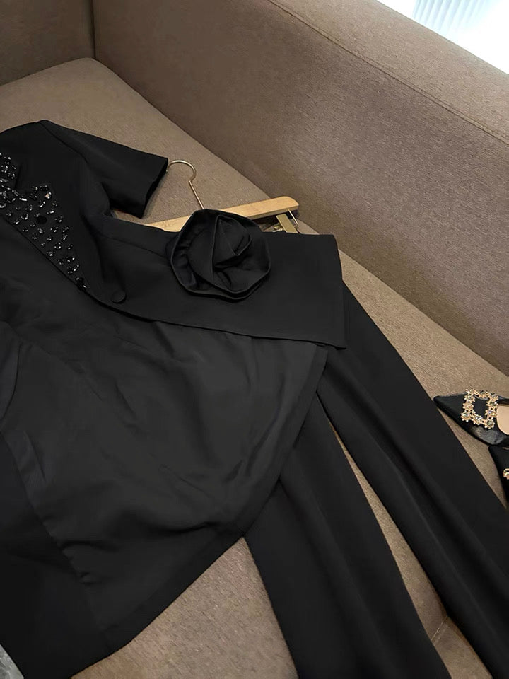 Camélia Flower Blazer Black Suit Set
