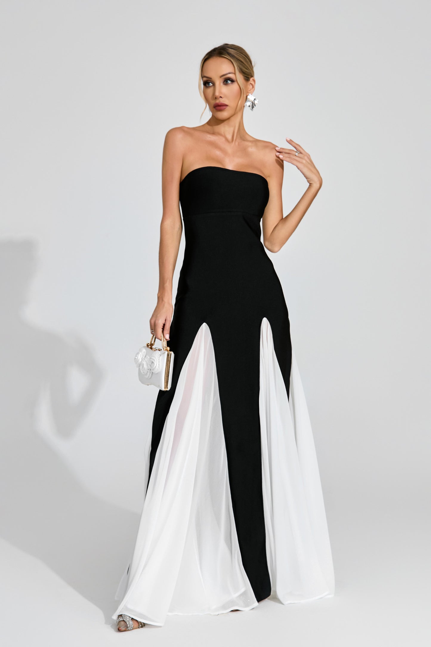 Monique Monochrome Strapless Evening Gown