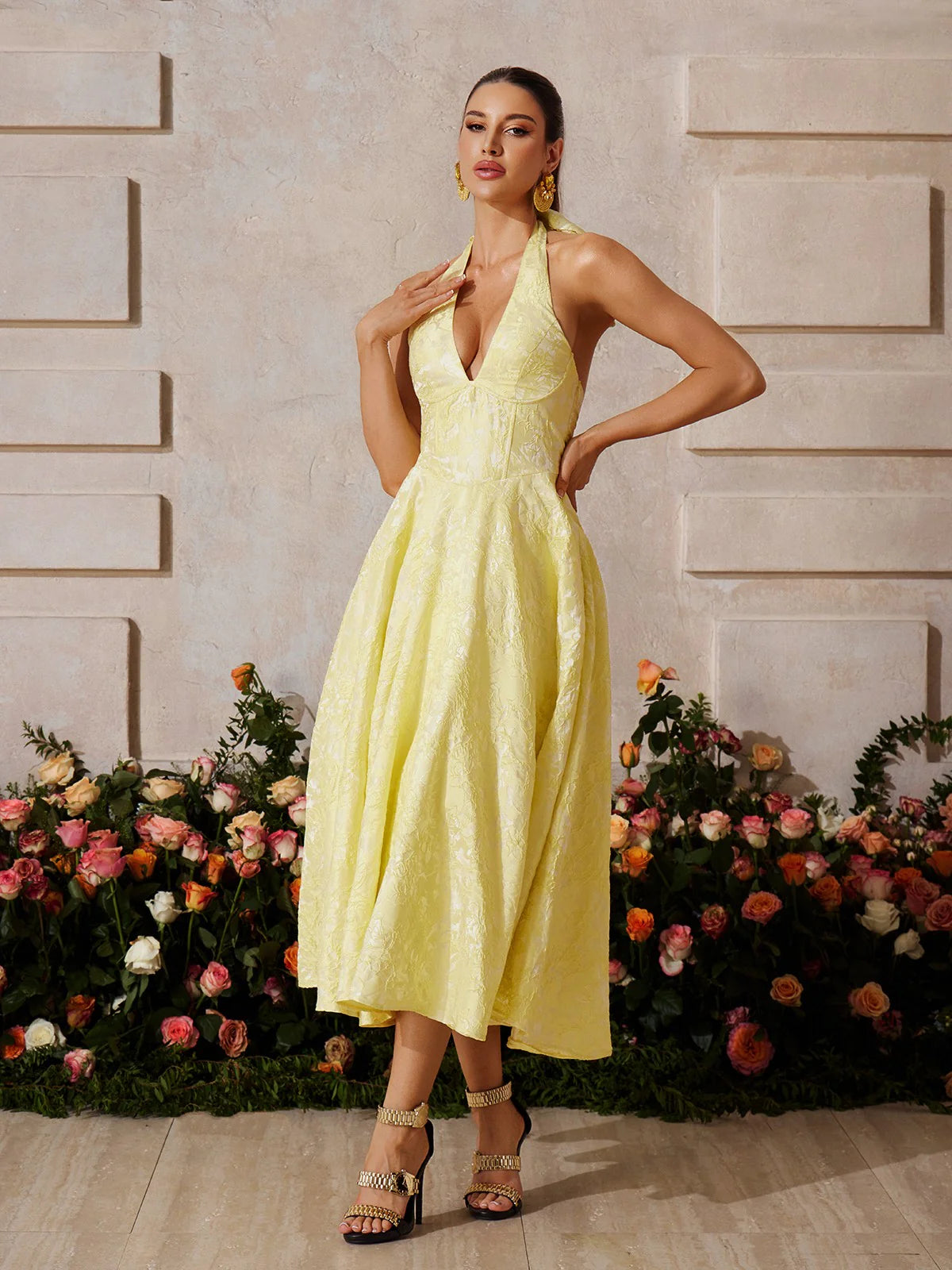 Rosalie Yellow Halter Midi Dress