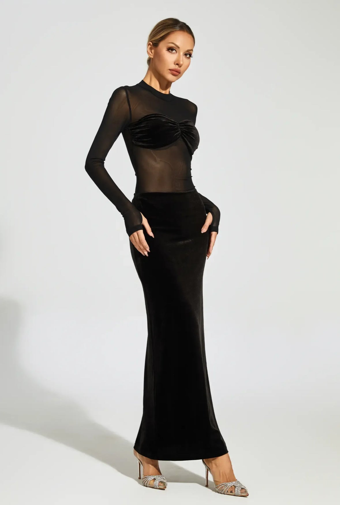 Black velvet mesh maxi dress