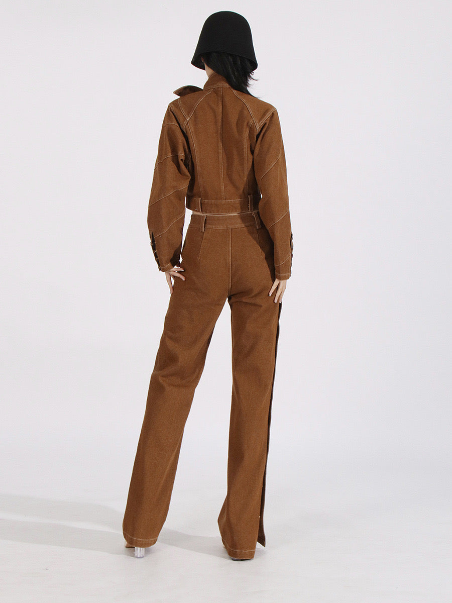 Brown denim side button set