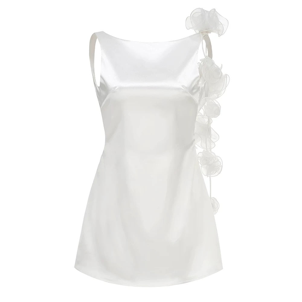 Ivory Bloom Satin flower Mini Dress
