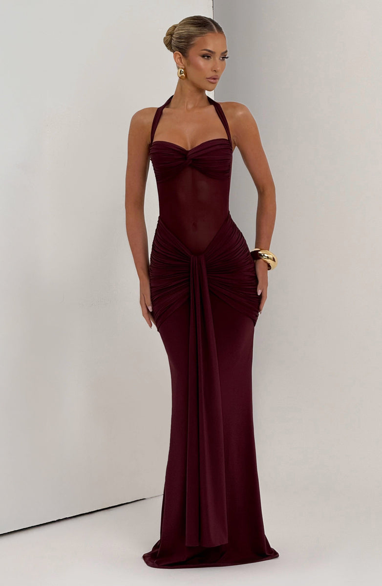 Soleil Illusion Draped Halter Gown