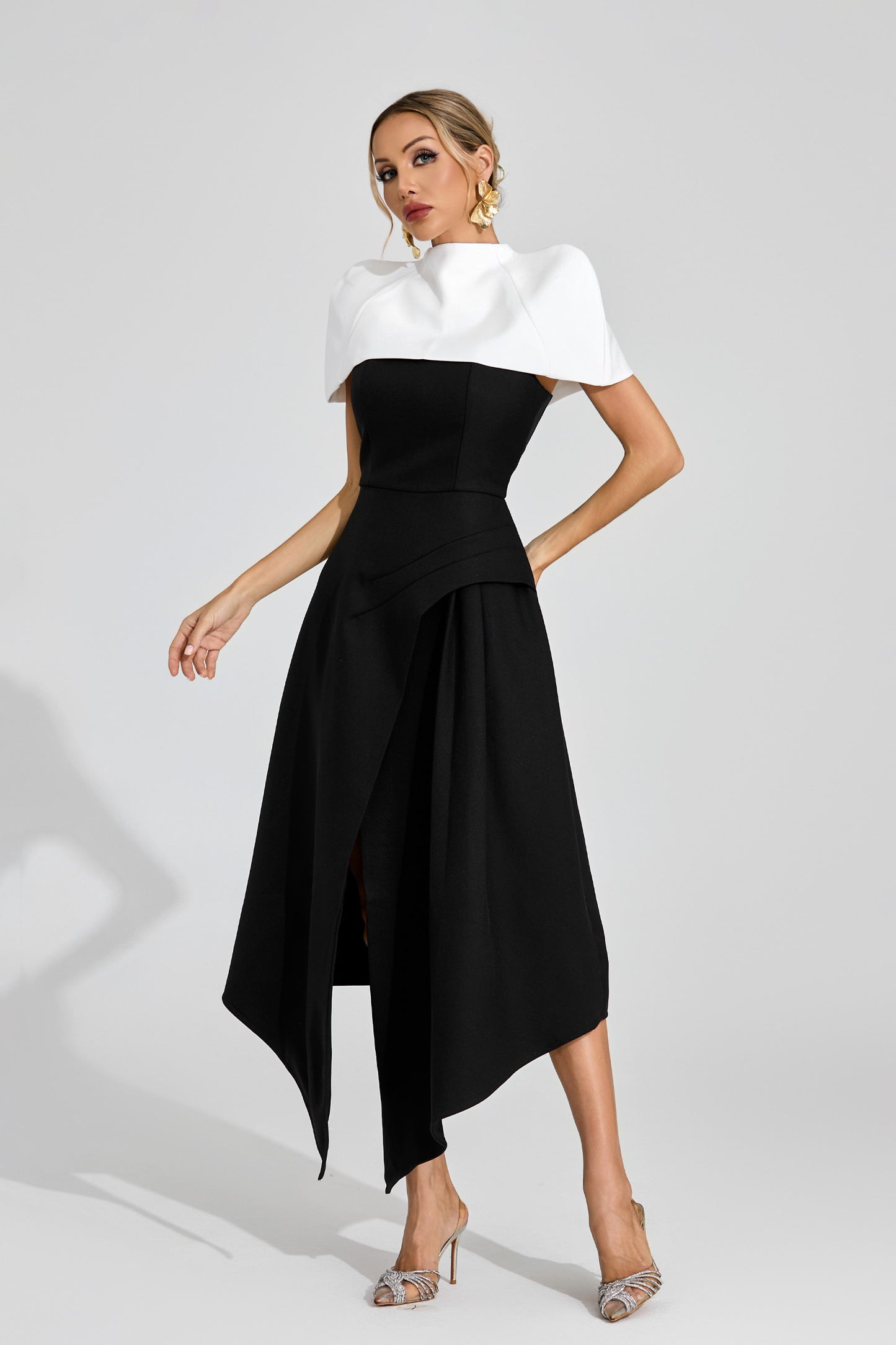 Noir Éclat Asymmetric Cape Dress