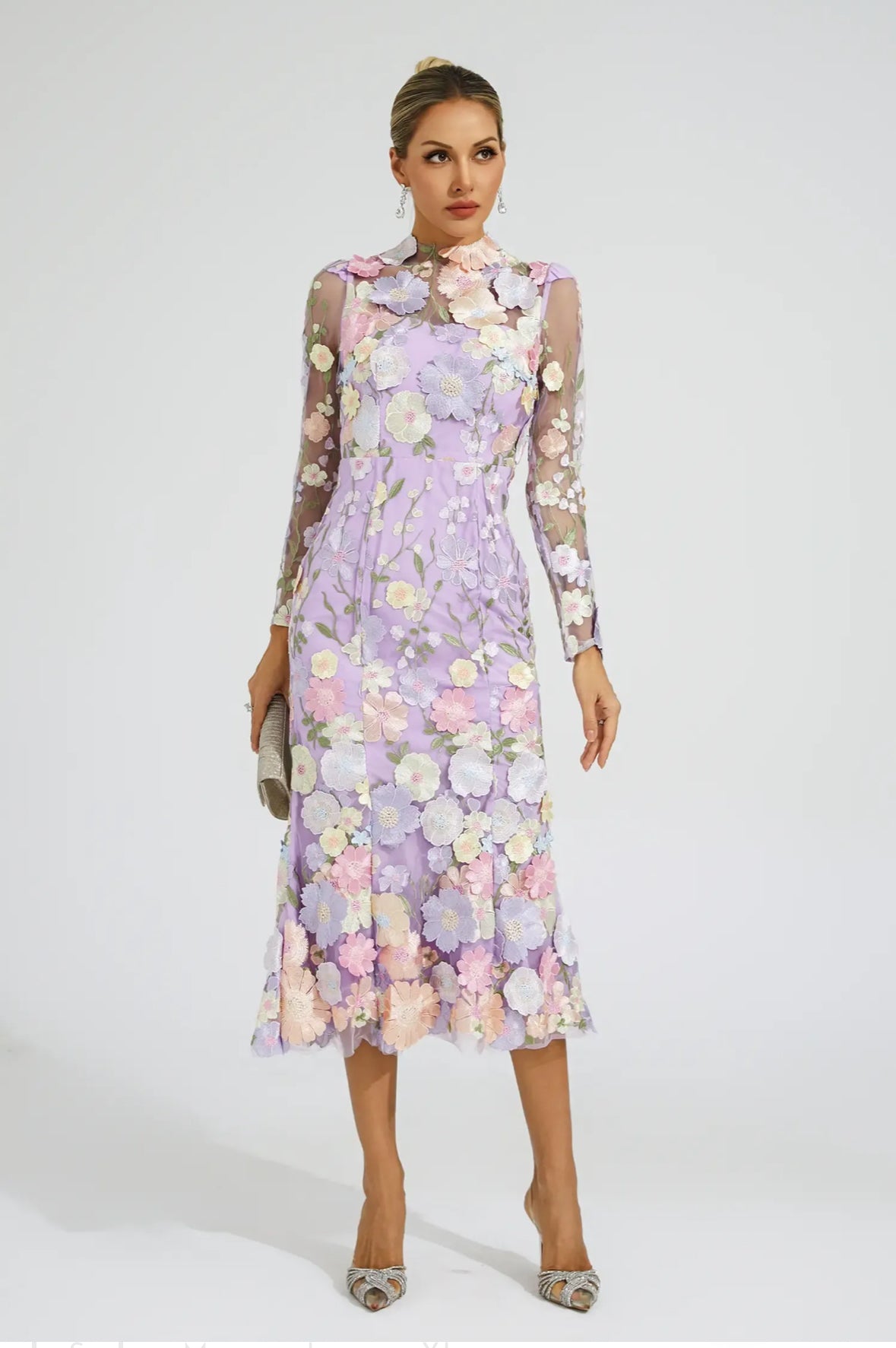 Purple flower embroidered midi dress