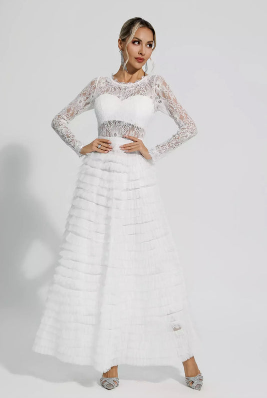 Lace white tulle maxi dress