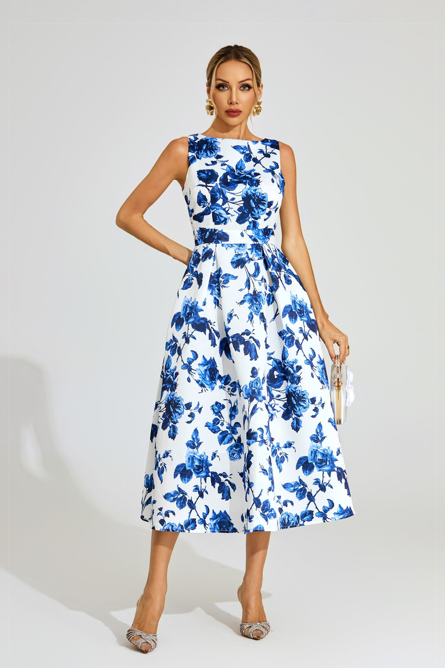 Azure Blossom A-Line Midi Dress