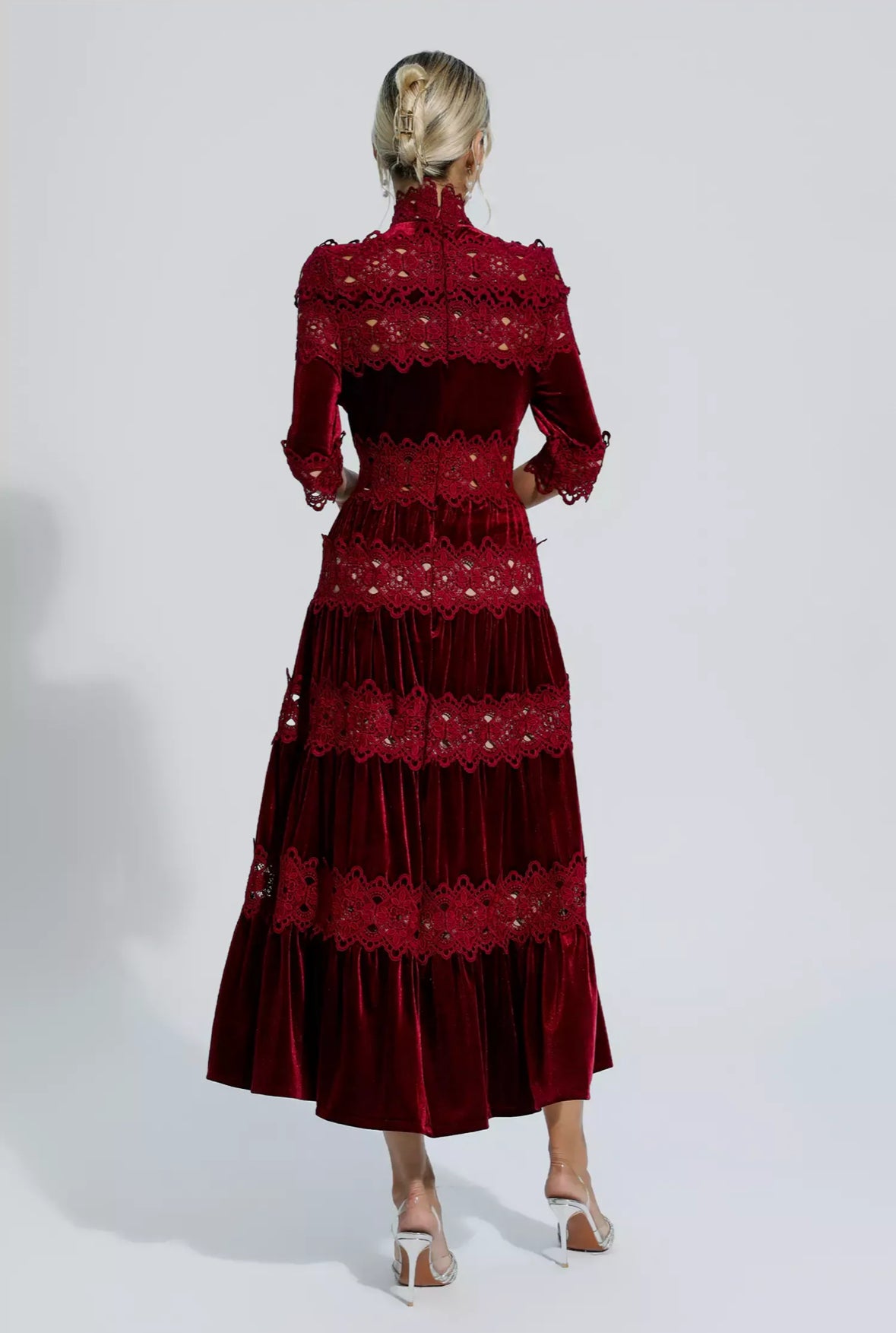 Red velvet flare maxi dress