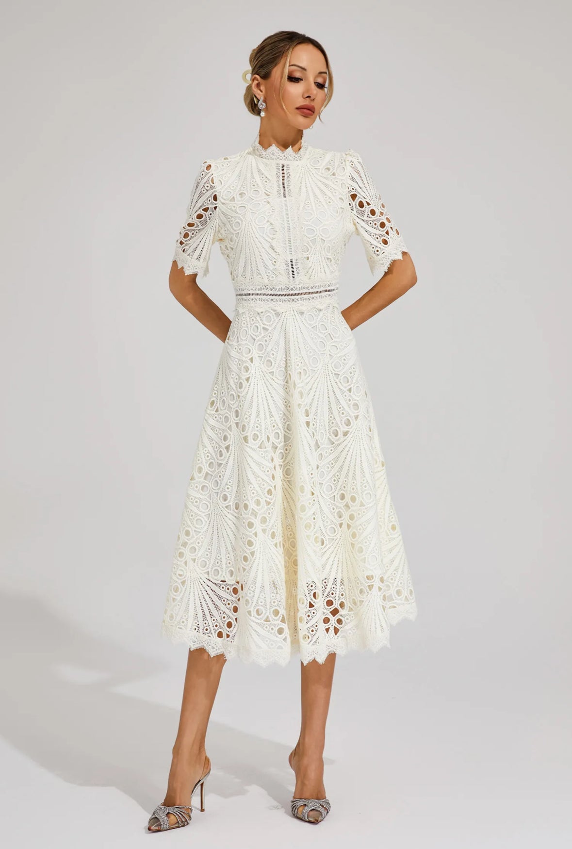Cutout lace white midi dress