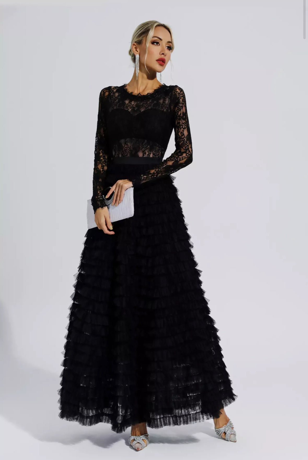 Lace black tulle maxi dress