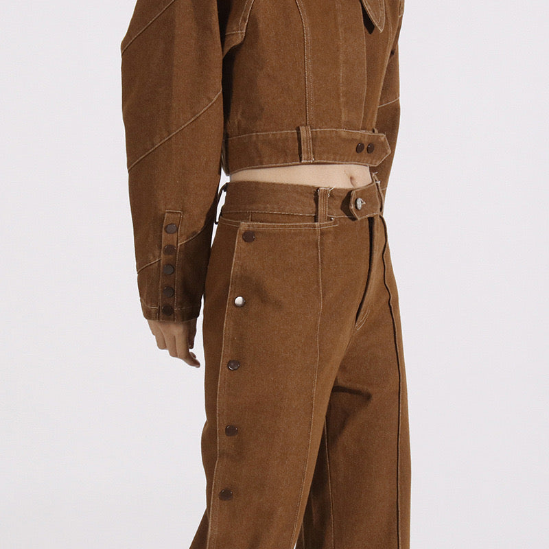 Brown denim side button set