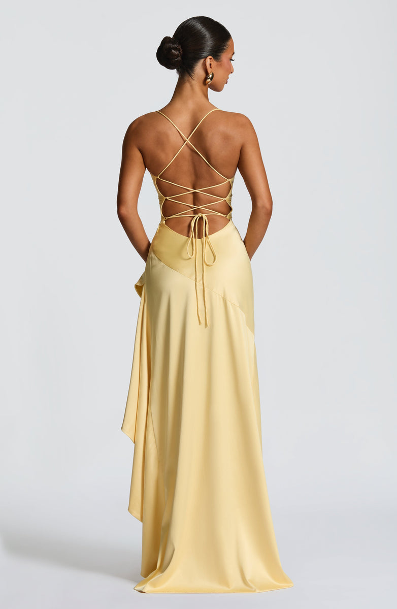 Soleil Draped High-Low Satin Gown