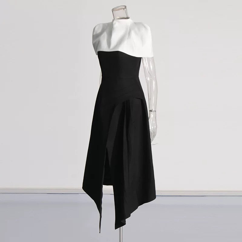 Noir Éclat Asymmetric Cape Dress
